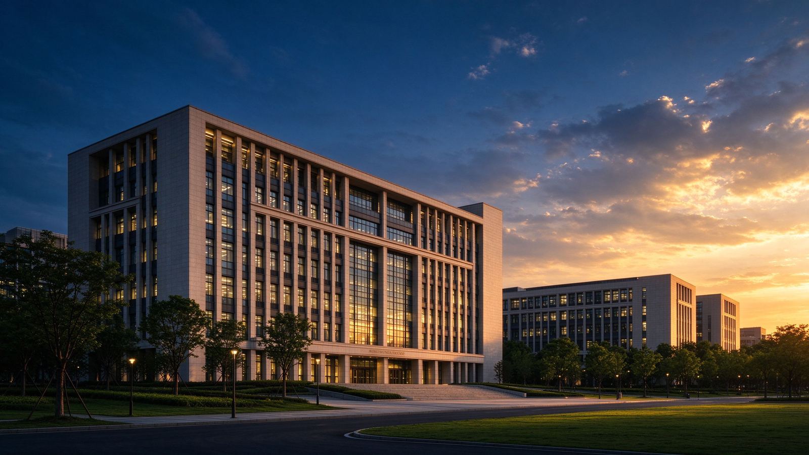 现代大学校园主楼群，黄昏深蓝与金色光影